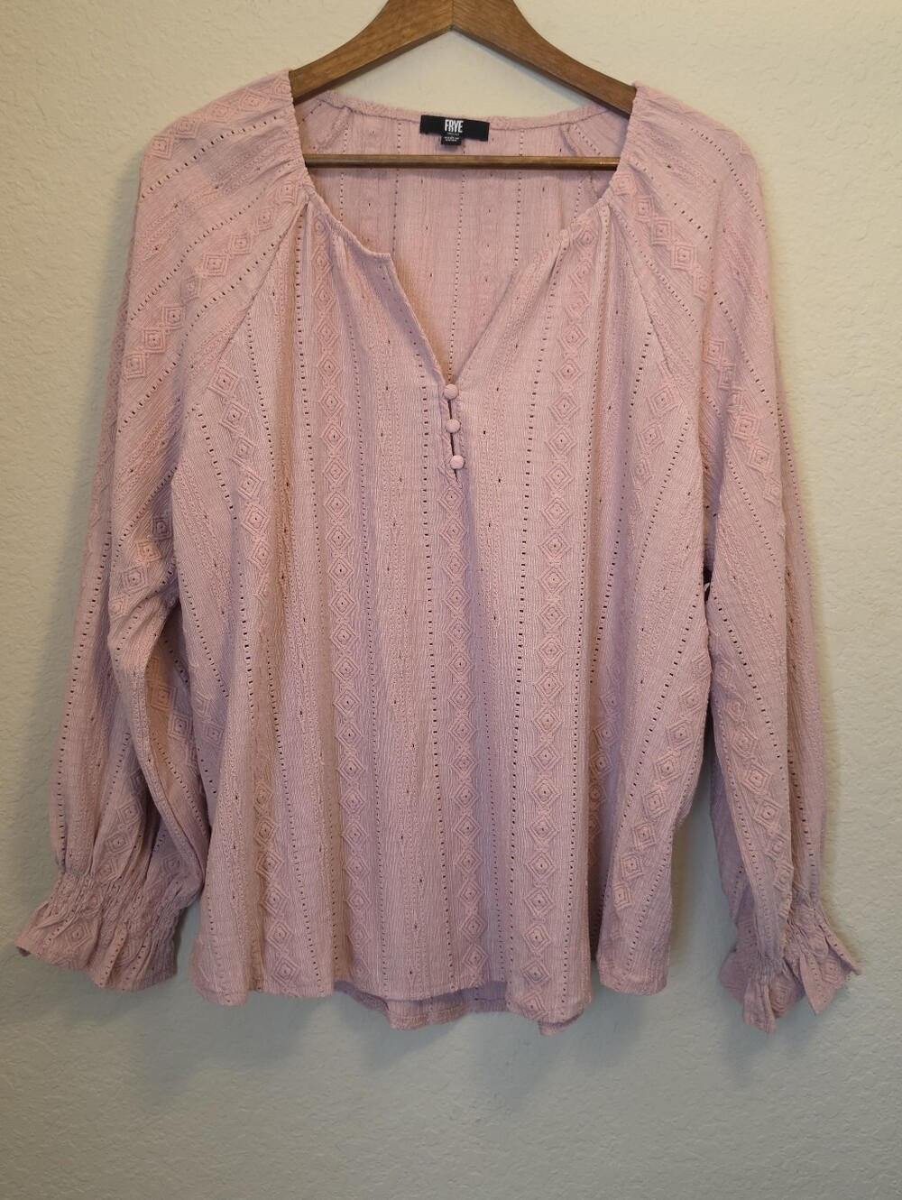Frye Peasant Top Womens Size Large Mauve Pink Flare Ruffle Cuff Diamond Textured